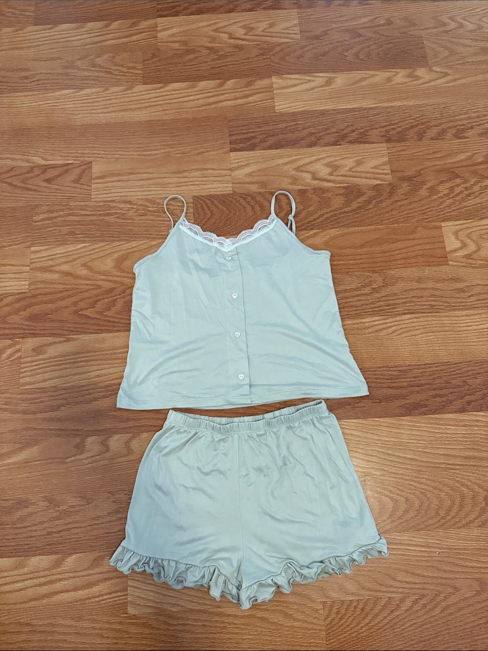 Light Blue Lace-Trim Cami & Ruffle Short Pajama Set